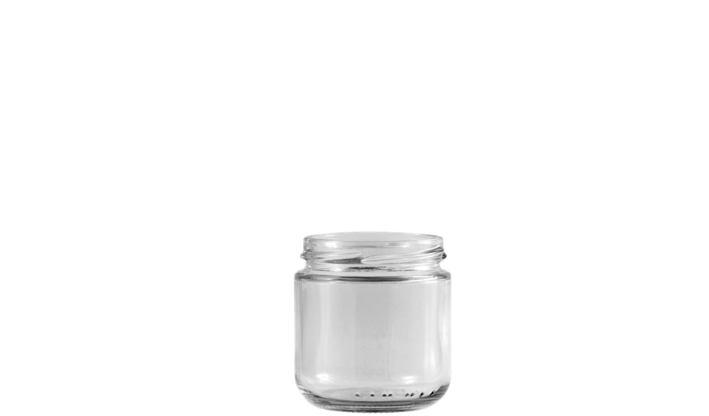 Envase de vidrio transparente y circular de capacidad media.