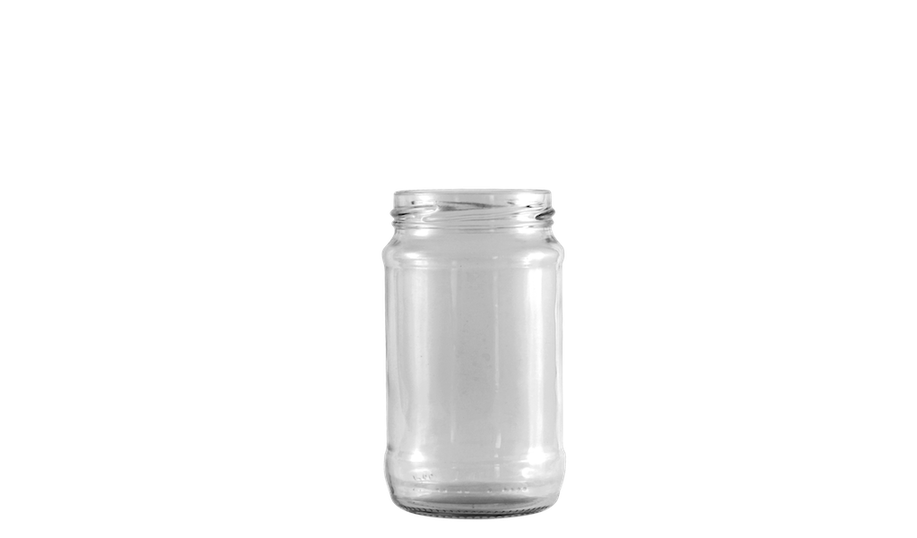Envase de vidrio transparente y circular de capacidad media.