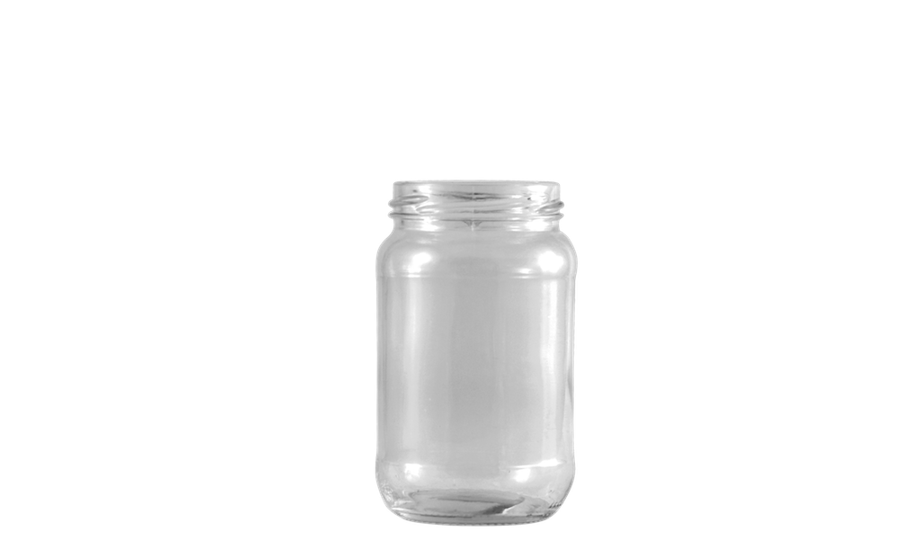 Envase de vidrio transparente y circular de capacidad media.