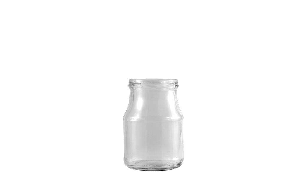 Envase de vidrio transparente y circular que se estrecha en su cuello de capacidad media.