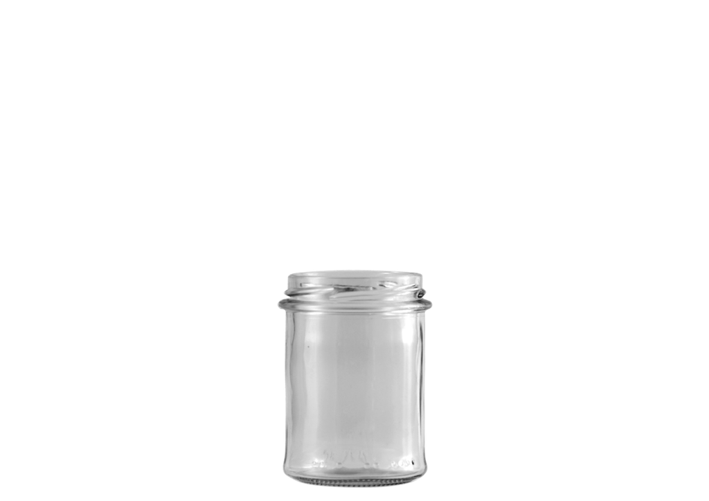 Envase de vidrio transparente y circular de capacidad reducida.