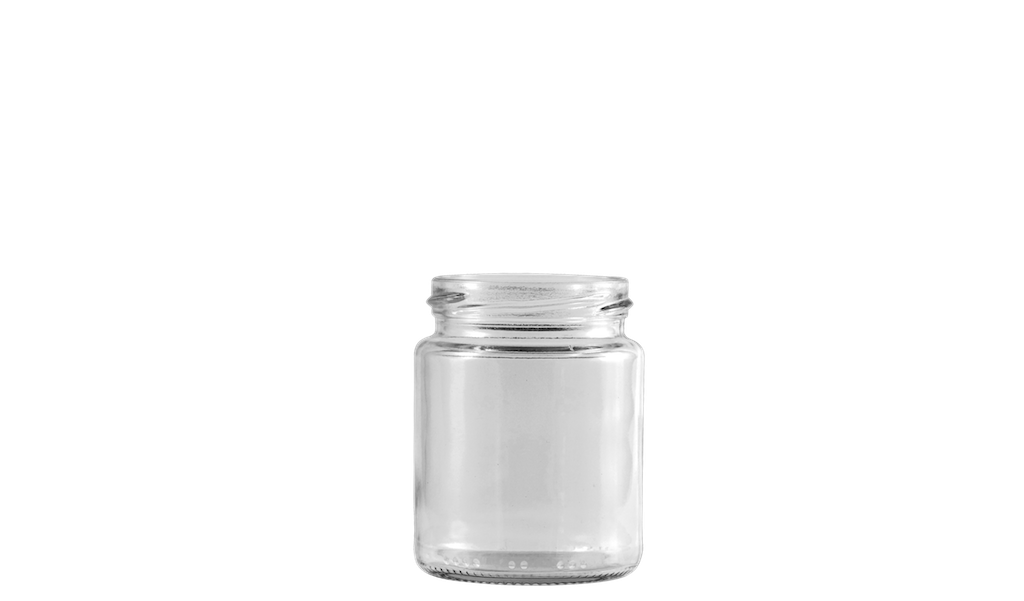 Envase de vidrio transparente y circular de capacidad reducida.
