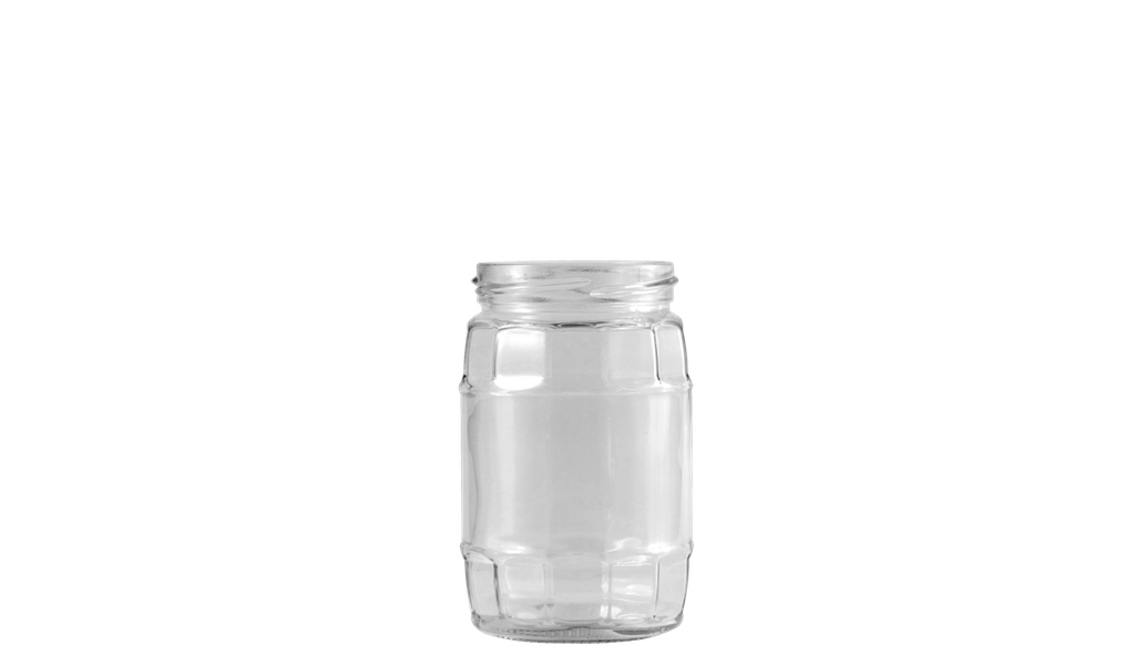 Envase de vidrio transparente y circular con forma de barril de capacidad media.
