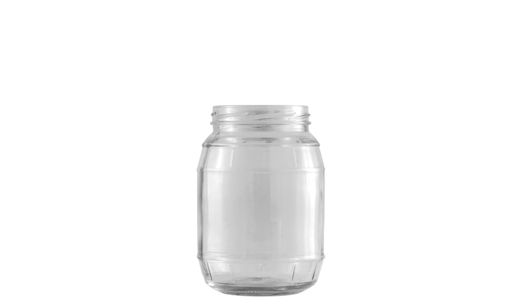 Envase de vidrio transparente y circular con forma de barril de gran capacidad.
