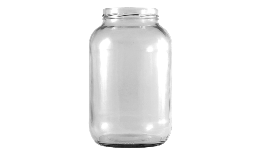 Envase de vidrio transparente y circular de gran capacidad.