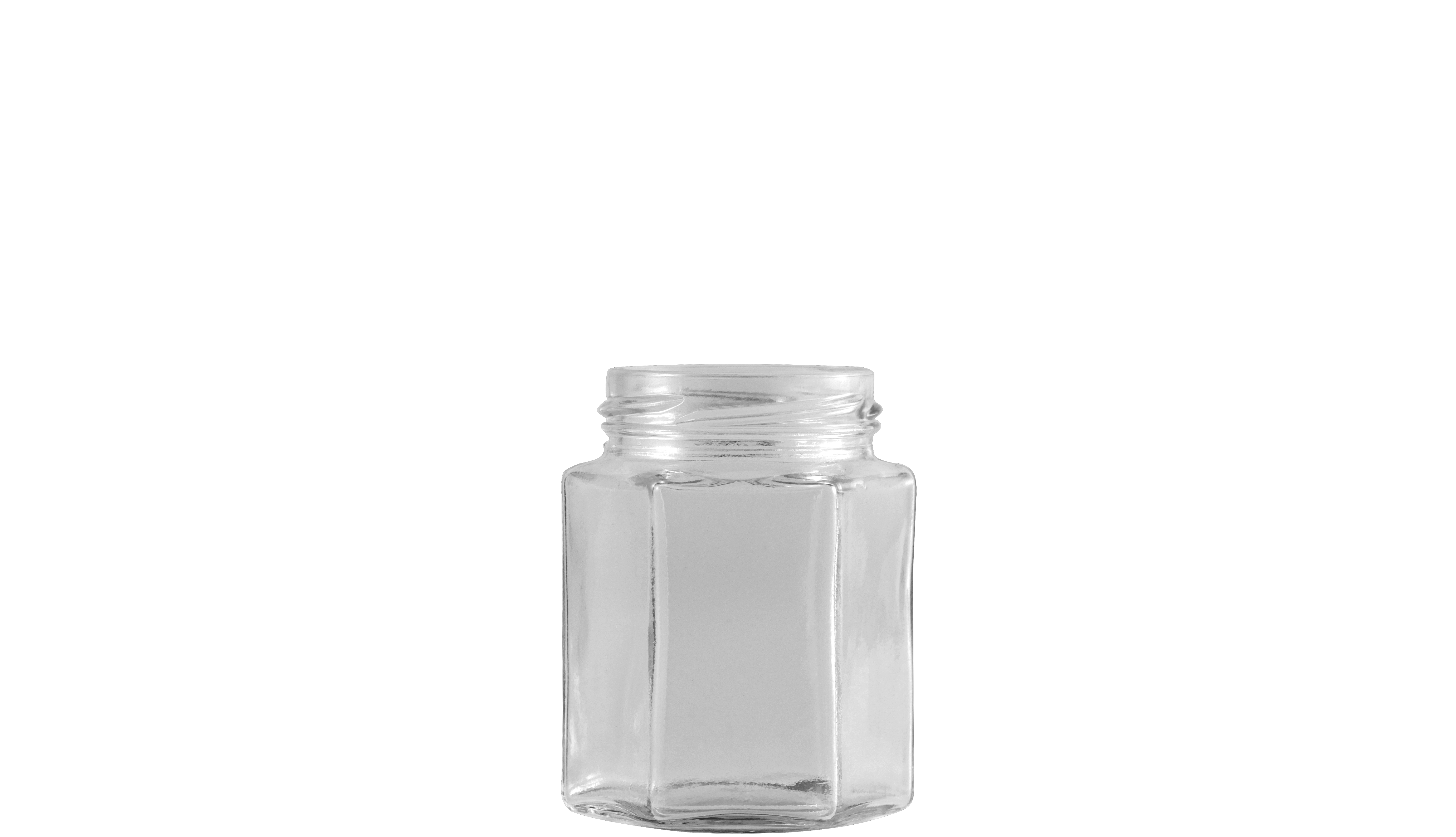 Envase de vidrio transparente, con base hexagonal y recto en sus aristas hasta su cuello, formato de poca capacidad.