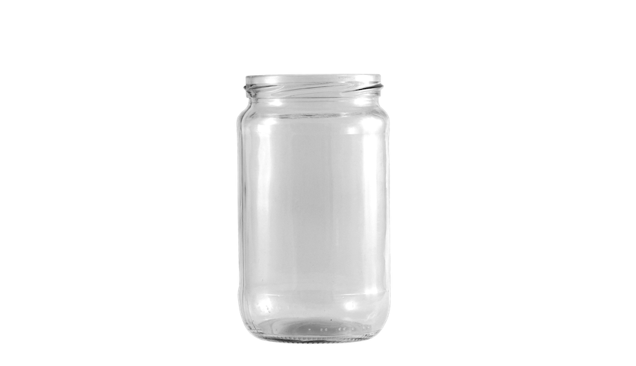 Envase de vidrio transparente, circular y de forma alargada de gran capacidad.