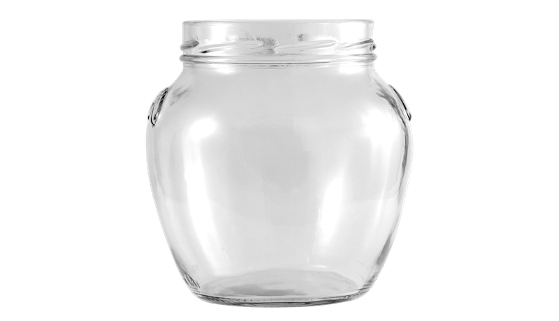 Envase de vidrio transparente y circular estilo orza de gran capacidad.