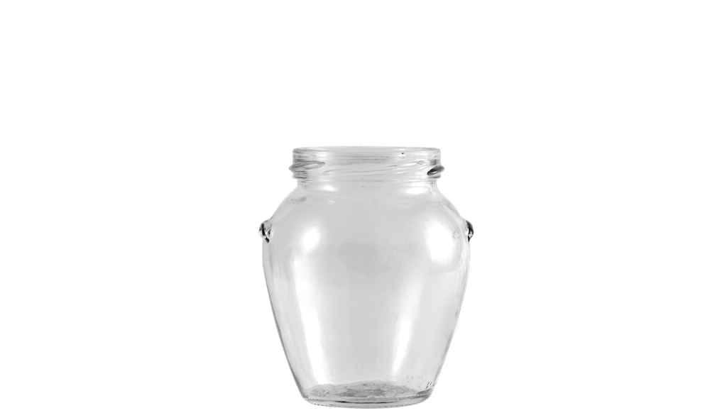 Envase de vidrio transparente y circular estilo orza de capacidad media.