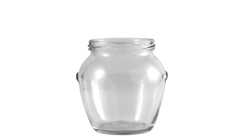 Envase de vidrio transparente y circular estilo orza de capacidad media.