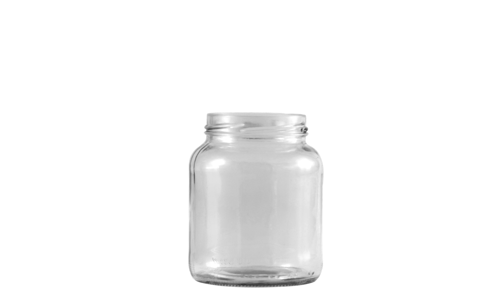 Envase de vidrio transparente y circular de capacidad media.