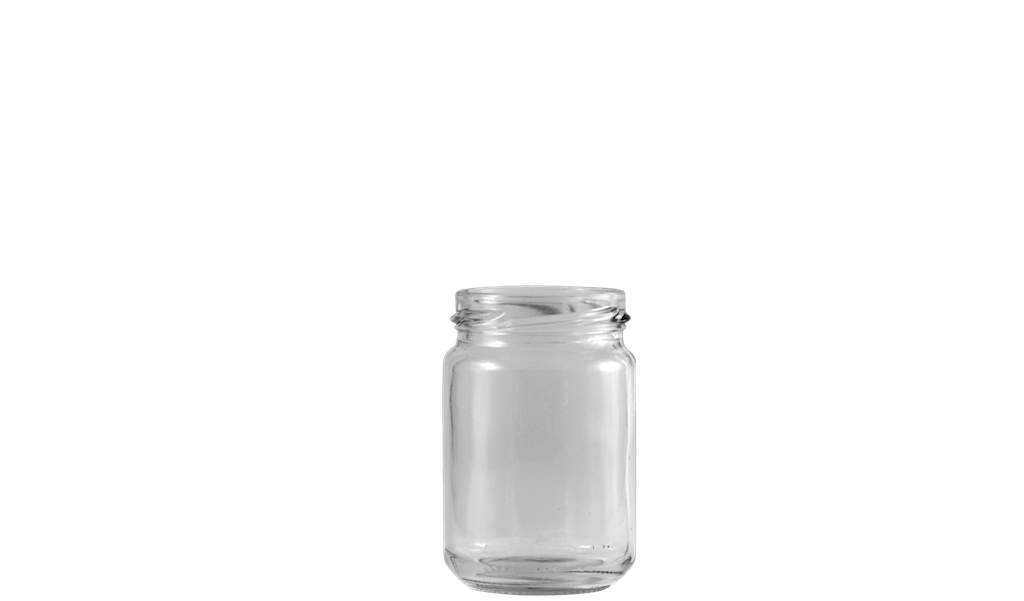 Envase de vidrio transparente y circular de capacidad reducida.