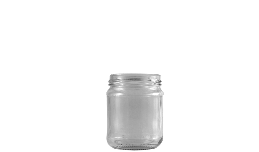 Envase de vidrio transparente y circular de capacidad reducida.