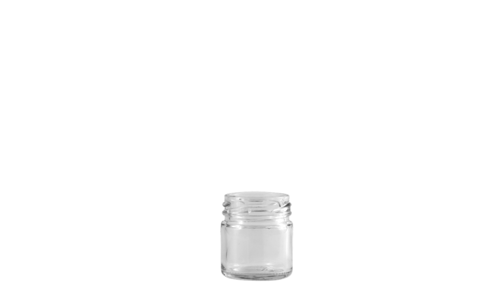 Envase de vidrio transparente y circular de capacidad reducida.