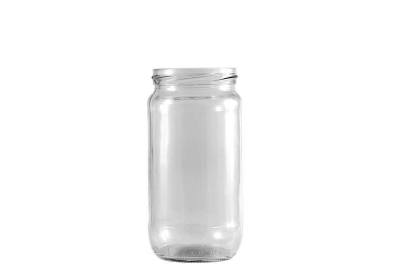 Envase de vidrio transparente, circular y de forma alargada de gran capacidad.
